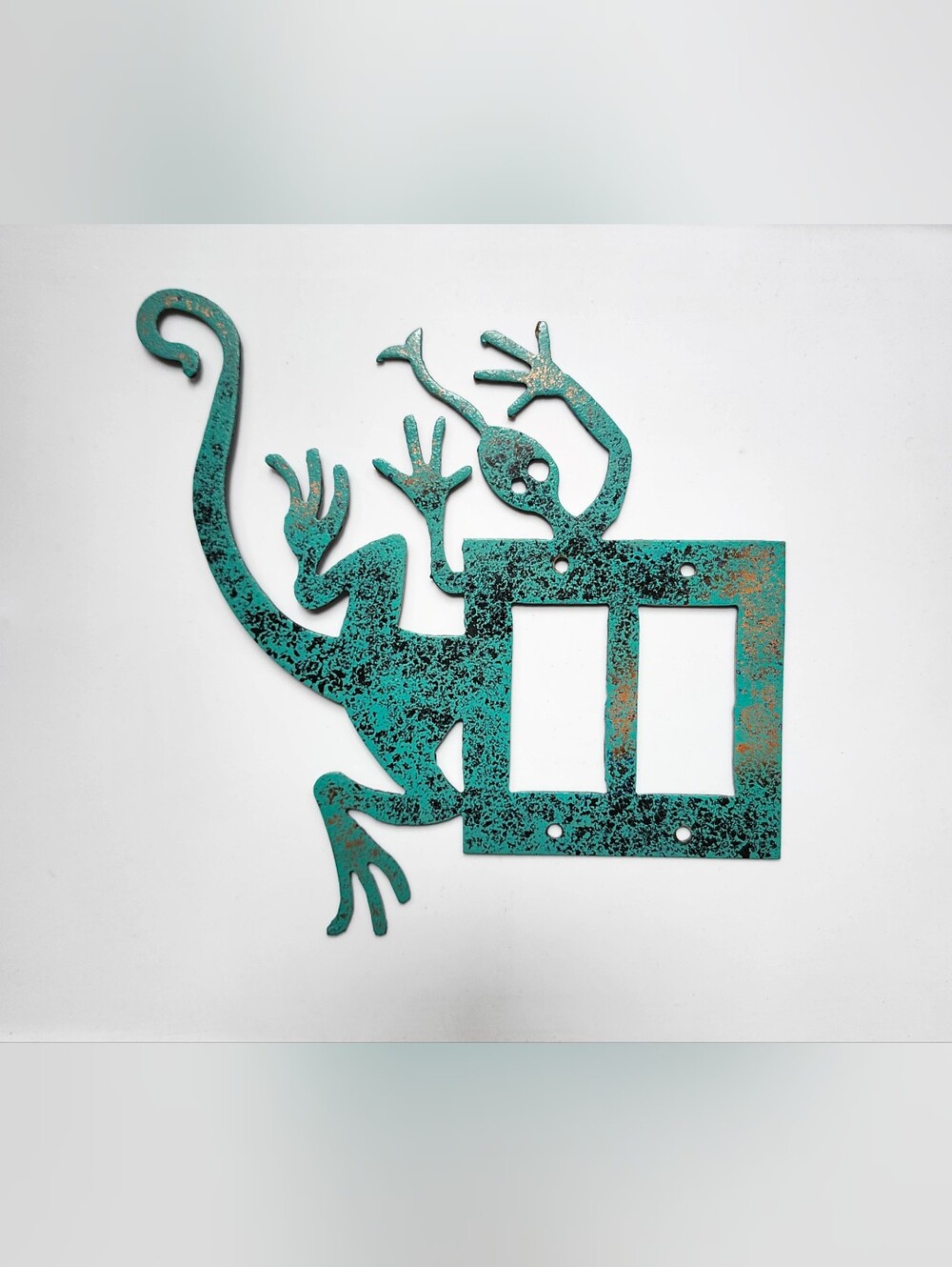 Set Of 2 Metal Verdigris Turquoise Copper Finish Southwest Lizard Switch Plates